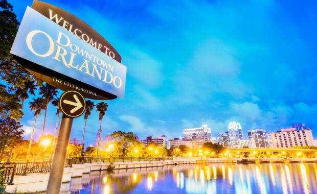 Downtown Orlando. City skyline. Located in Lake Eola Park, Orlando, Florida.