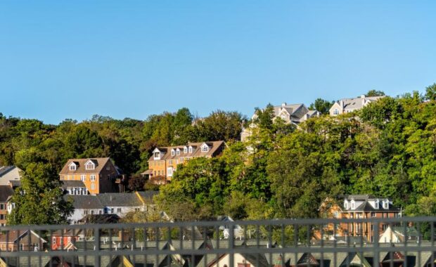 Historic town of Occoquan neighborhood in northern Virginia houses buildings architecture view of cityscape skyline and blue sky in Prince William County near Washington DC