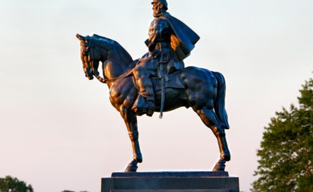 Sunset view of the statue of Andrew Jackson at Manassas Civil War battlefield where the Bull Run battle was fought. The statue was acquired for the nation in 1940. 2011 is the sesquicentennial of the battle