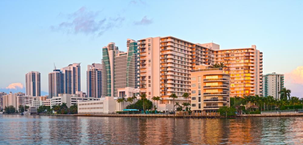 Hollywood Florida, buildings at sunset reflected in the water