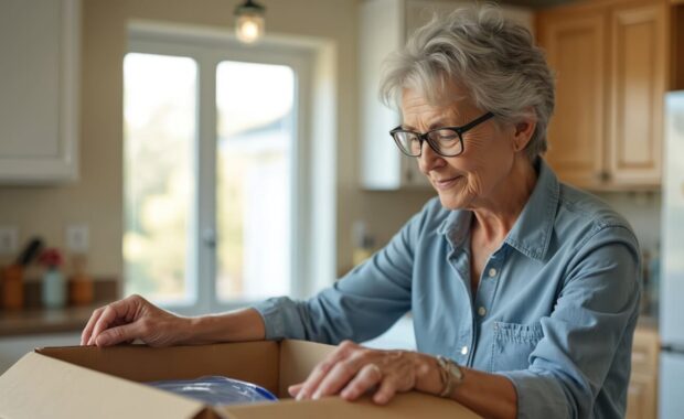 senior woman packs belongings in cardboard box