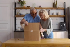 happy senior couple open cardboard delivery box in kitchen