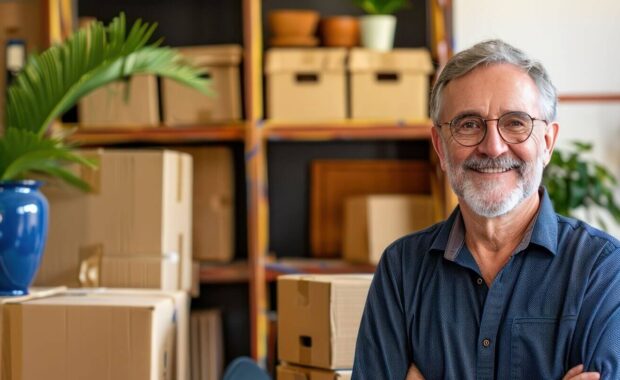 portrait of senior businessman, moving boxes, home office