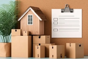 collection of moving boxes and a miniature house highlight the process of relocation