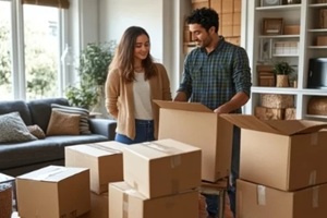 couple checking the list of stuff before packing to cardboard for relocation move out of apartment