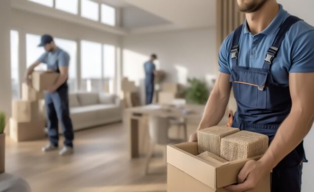 professional movers packing boxes in modern apartment